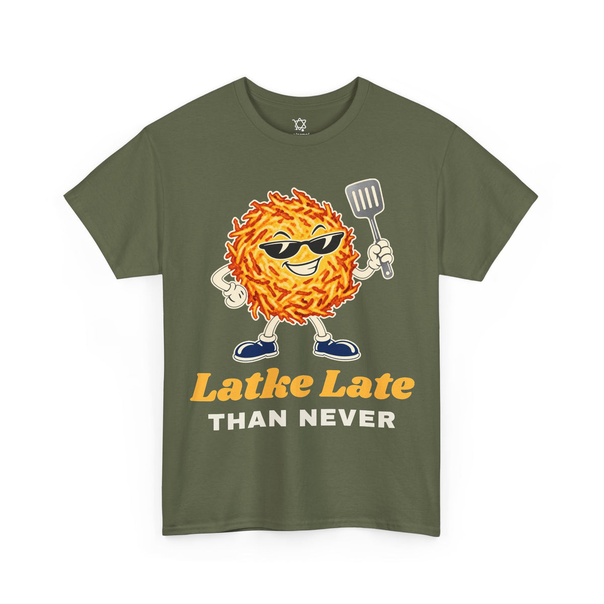 Latke Late Than Never T-Shirt in Military Green - Shop Israel