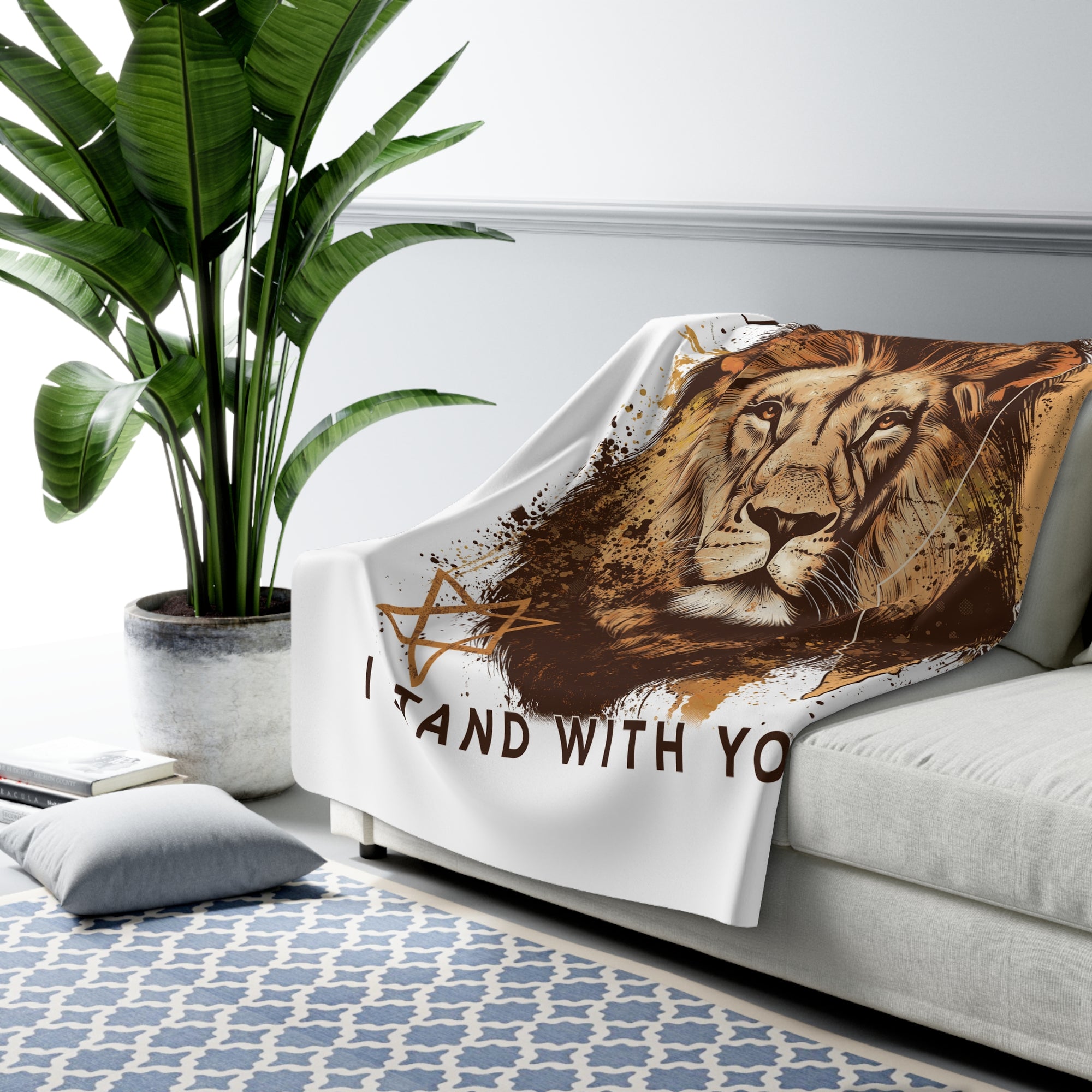 Israel I Stand With You Lion Sherpa Blanket (White)