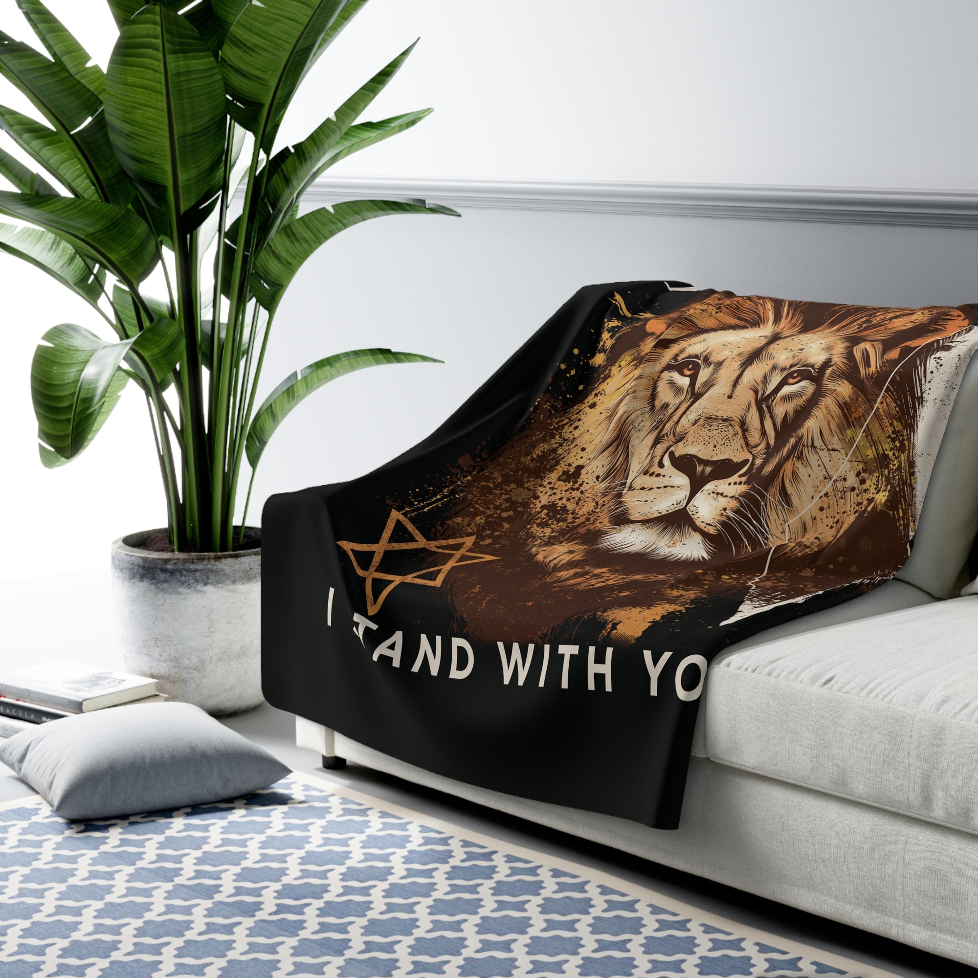 Israel I Stand With You Lion Sherpa Blanket (Black)