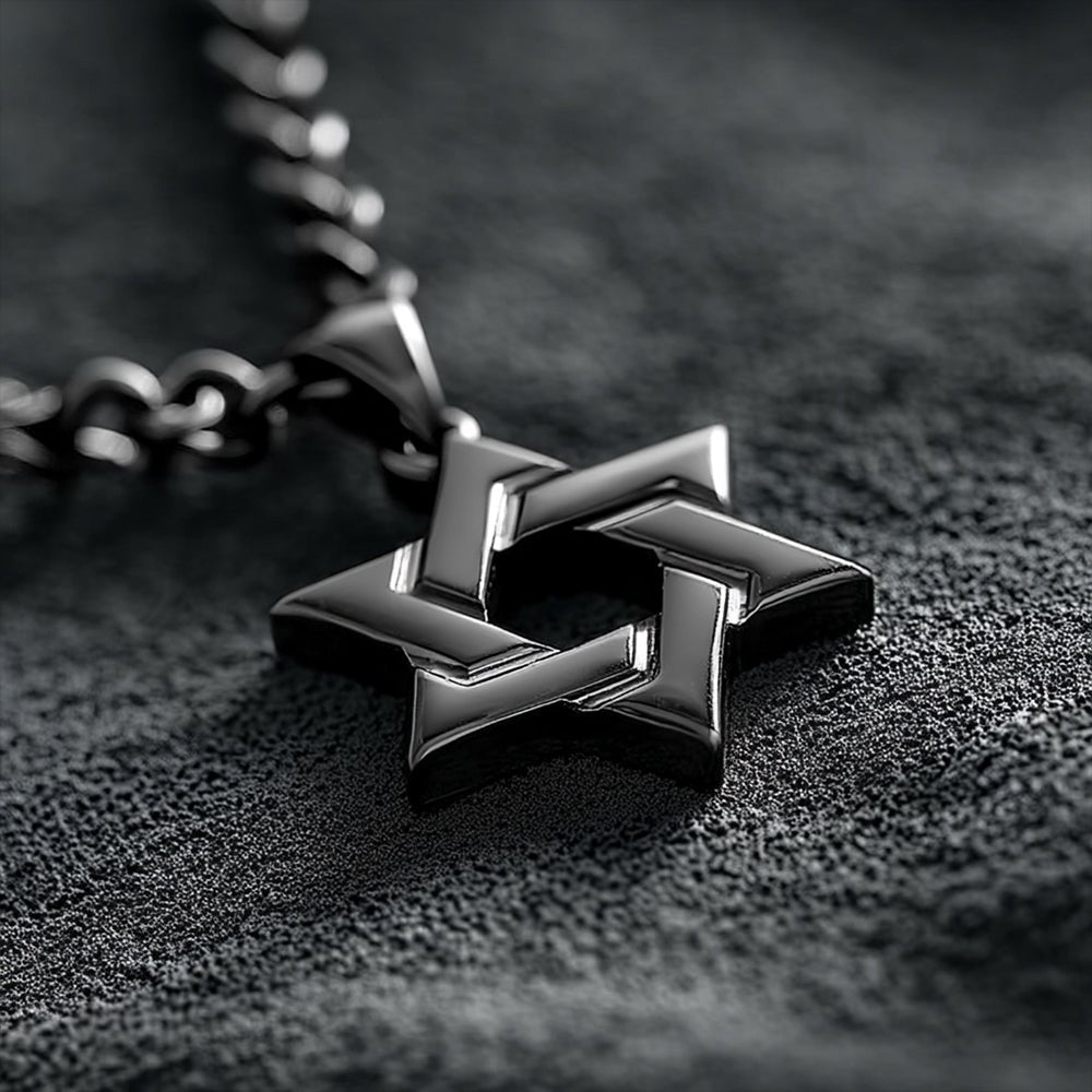 All Black Stainless Steel Star of David Necklace, detail