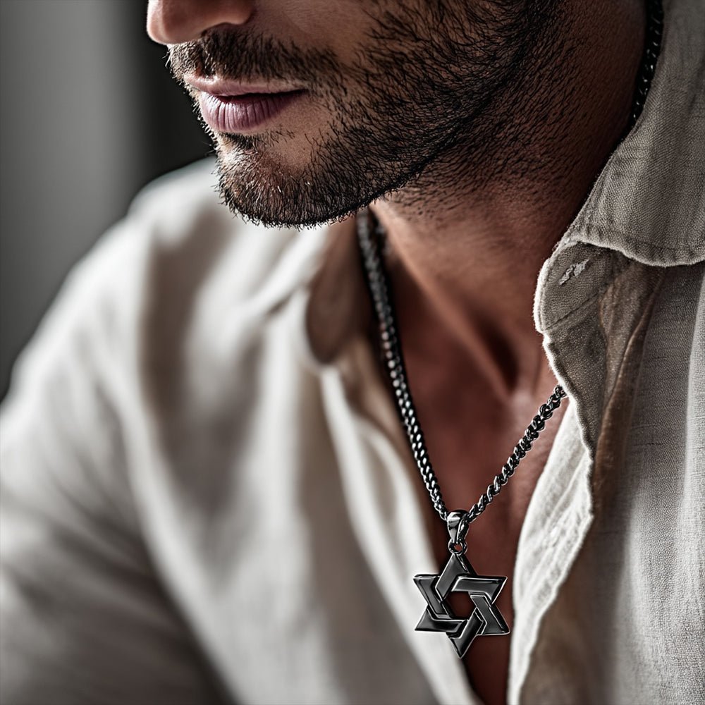 All Black Stainless Steel Star of David Necklace worn with an open linen shirt