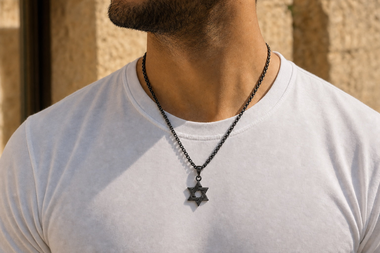 All Black Star of David Necklace worn on the chest