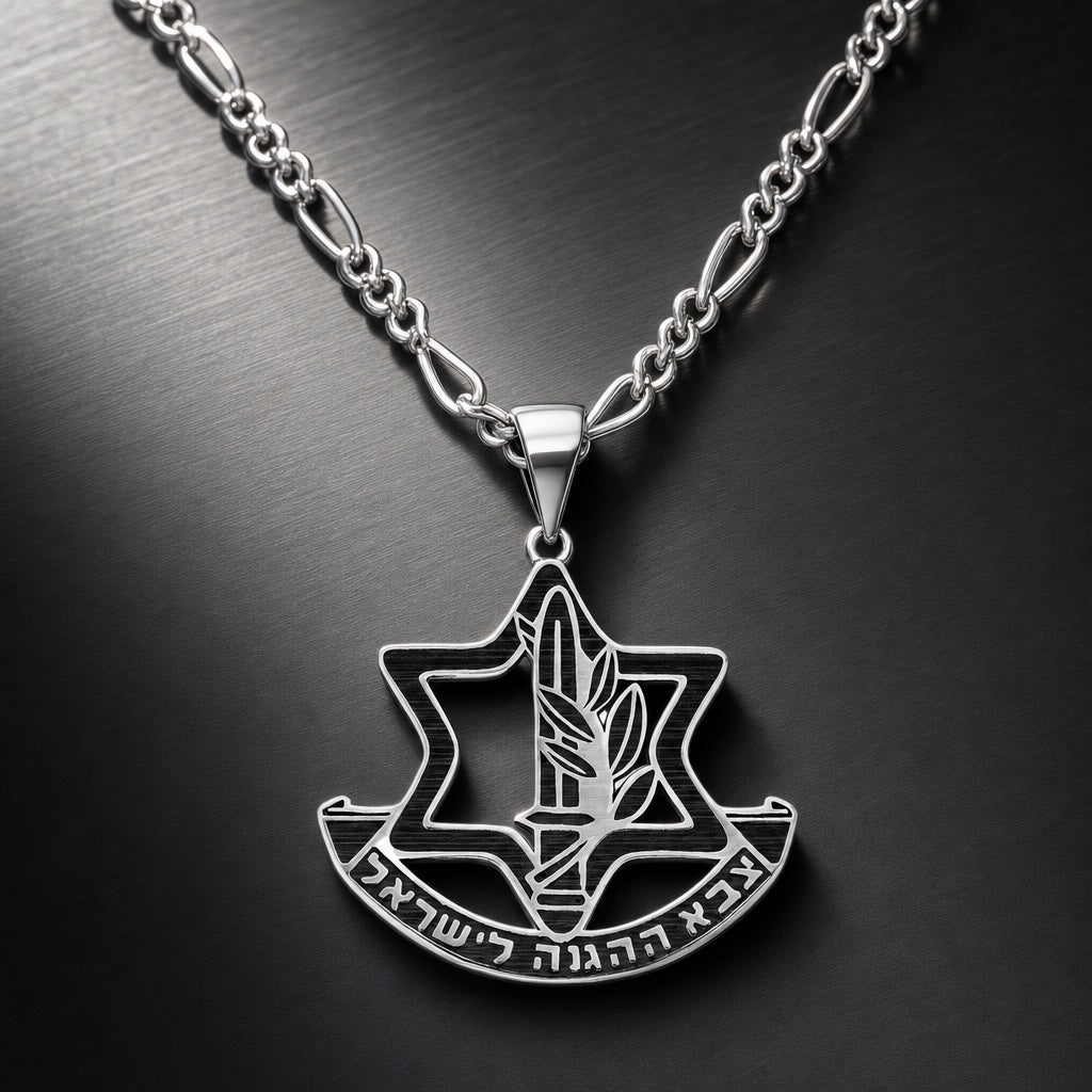 IDF Necklace, editorial close-up on gunmetal