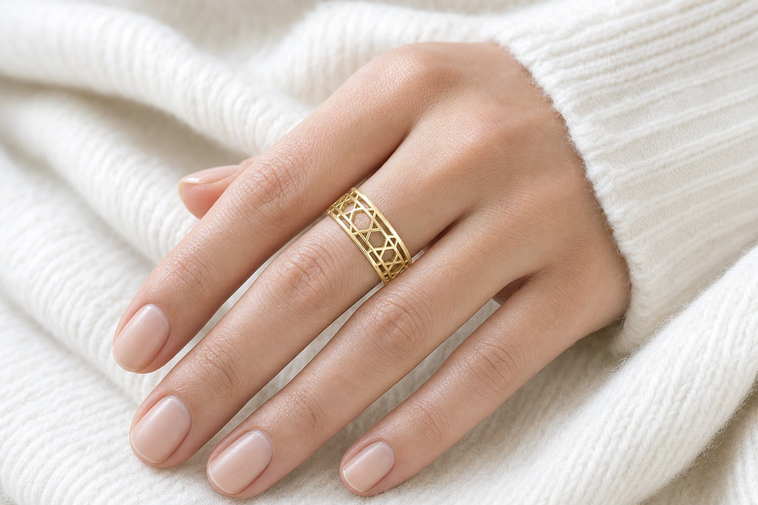 Infinity Band Star of David Ring on her finger