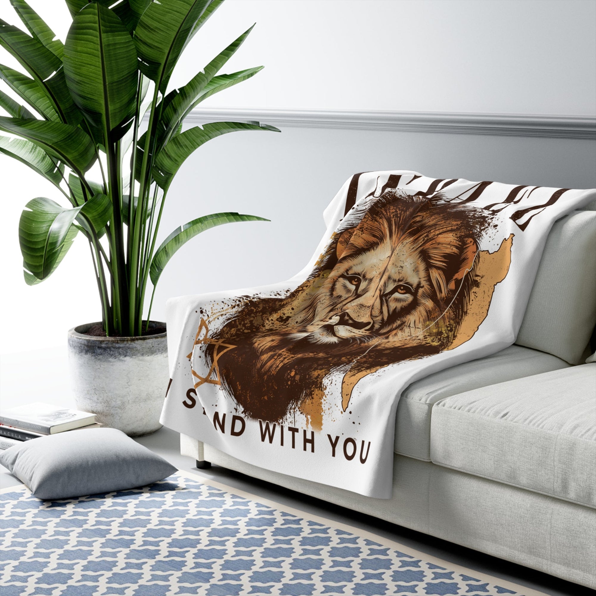 Israel I Stand With You Lion Sherpa Blanket (White) - Shop Israel