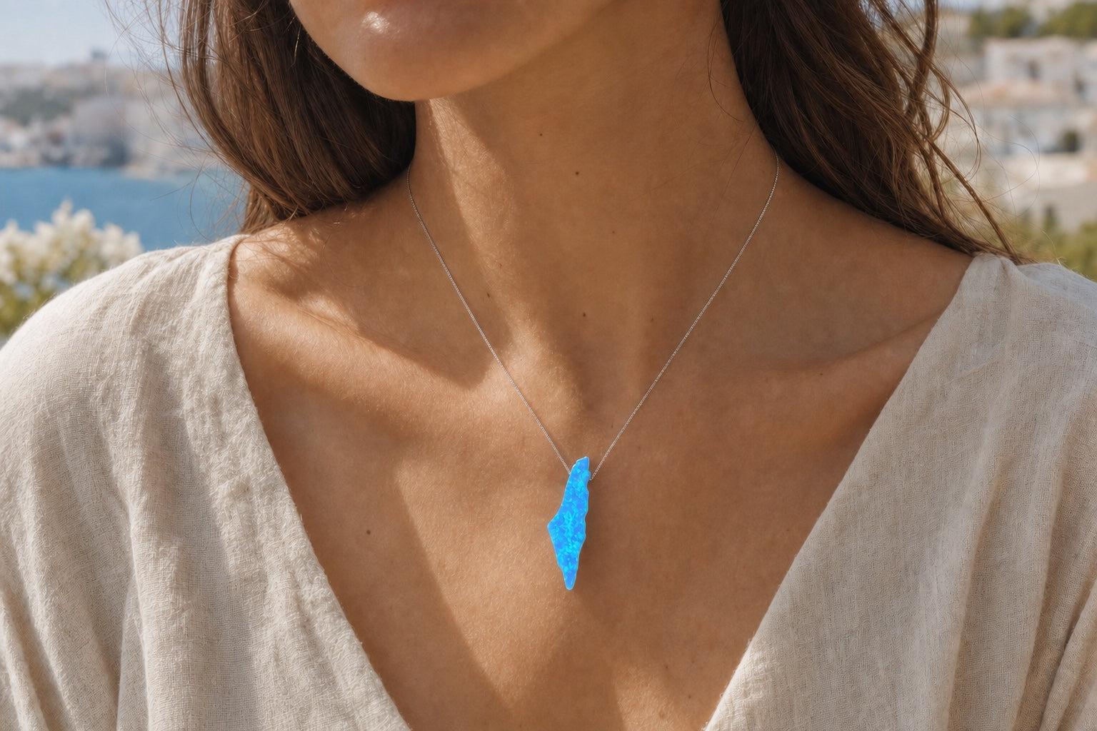 Opal Israel Necklace worn at the collarbone
