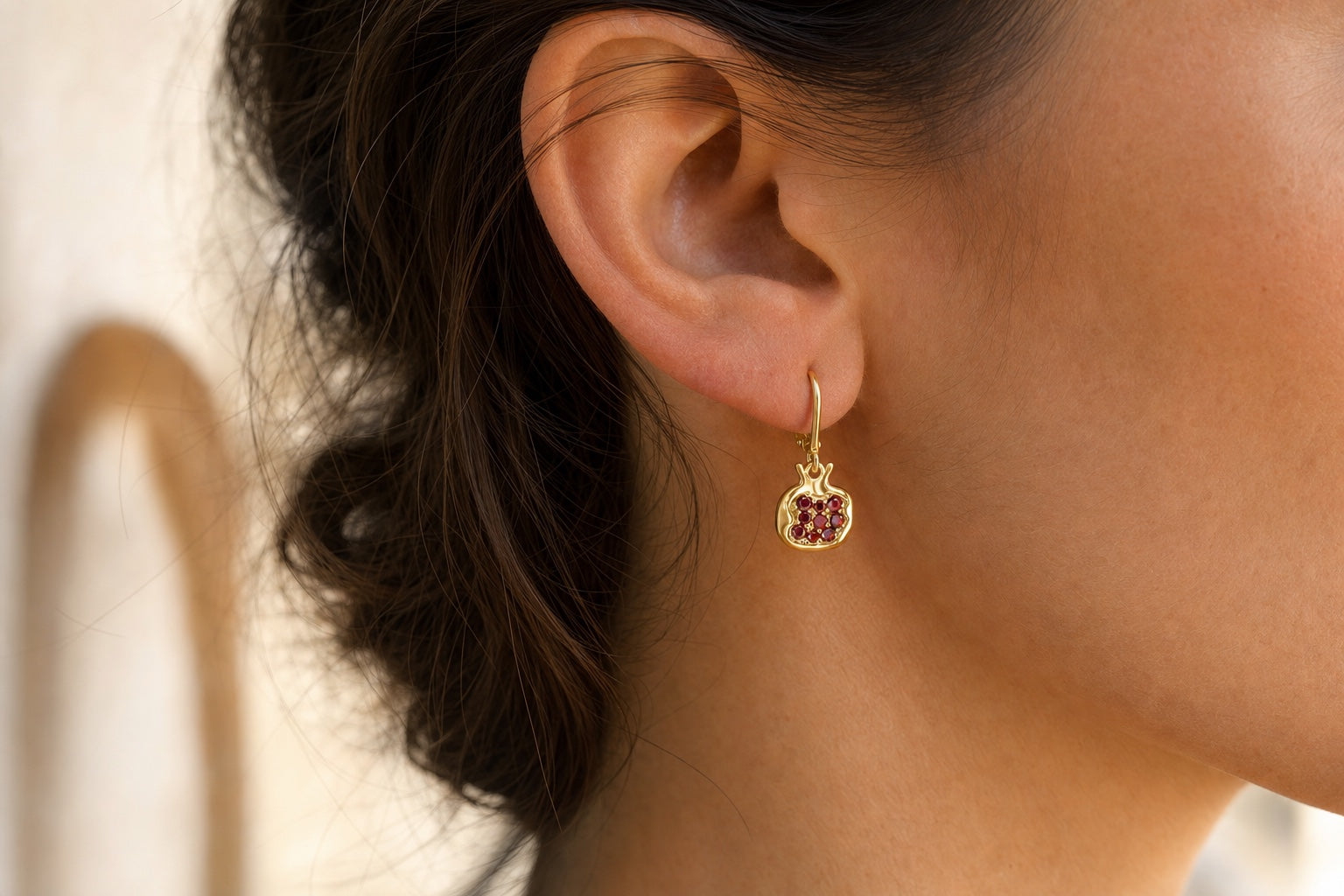 Pomegranate Earrings worn, close-up