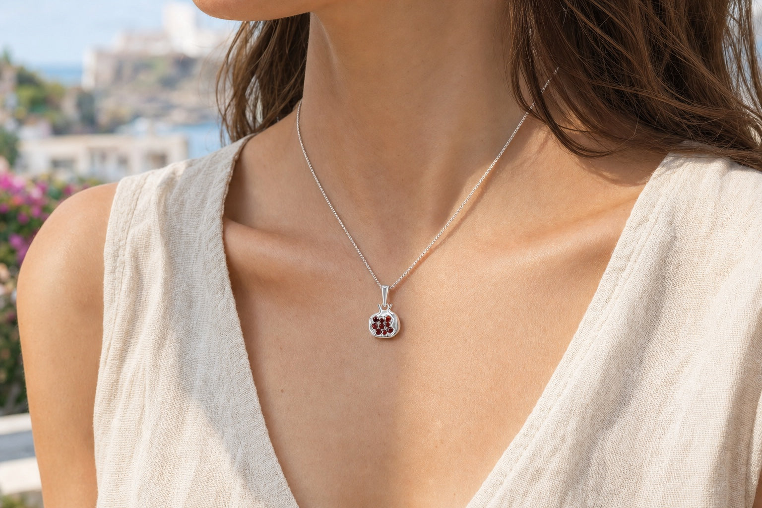 Pomegranate Necklace worn at the collarbone