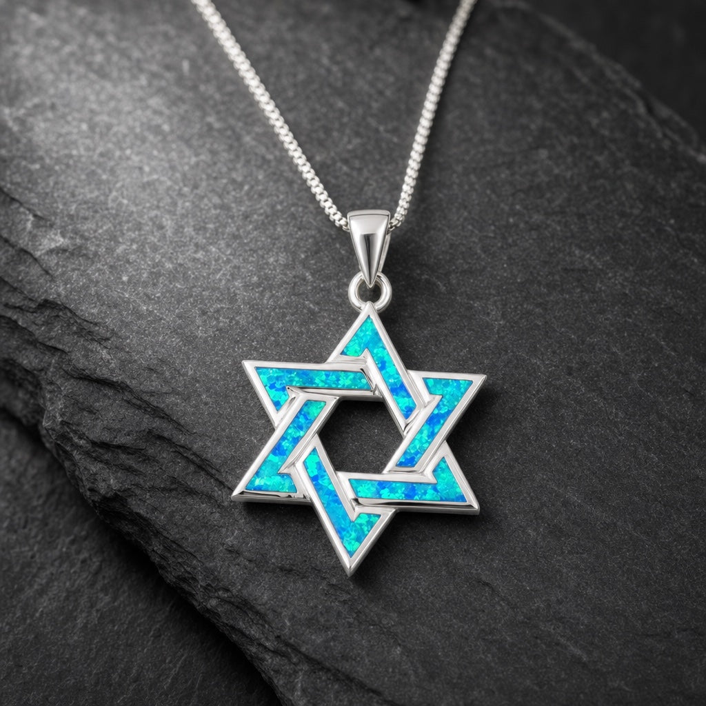 Shalom Star of David Necklace, editorial close-up on slate