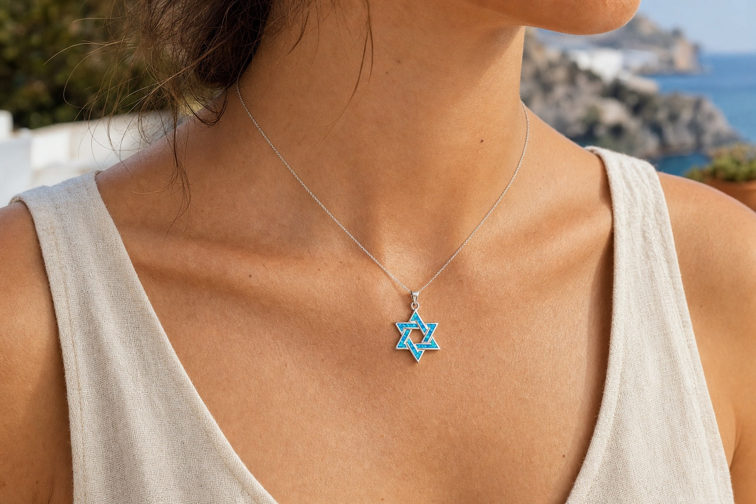 Shalom Star of David Necklace worn at the collarbone