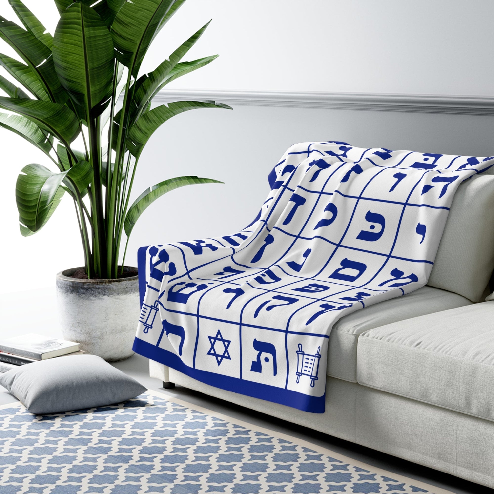 White & Blue Hebrew Alphabet Sherpa Blanket - Shop Israel