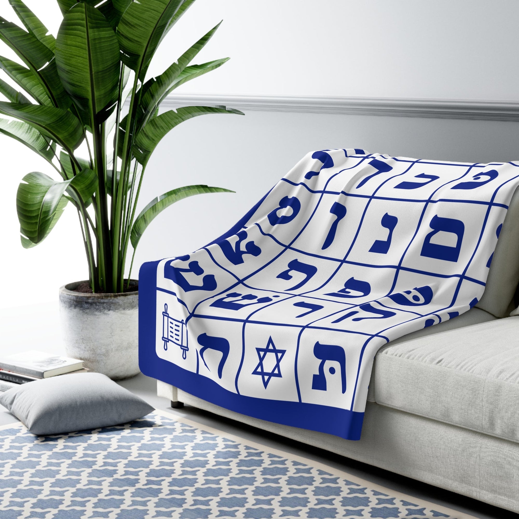 White & Blue Hebrew Alphabet Sherpa Blanket - Shop Israel